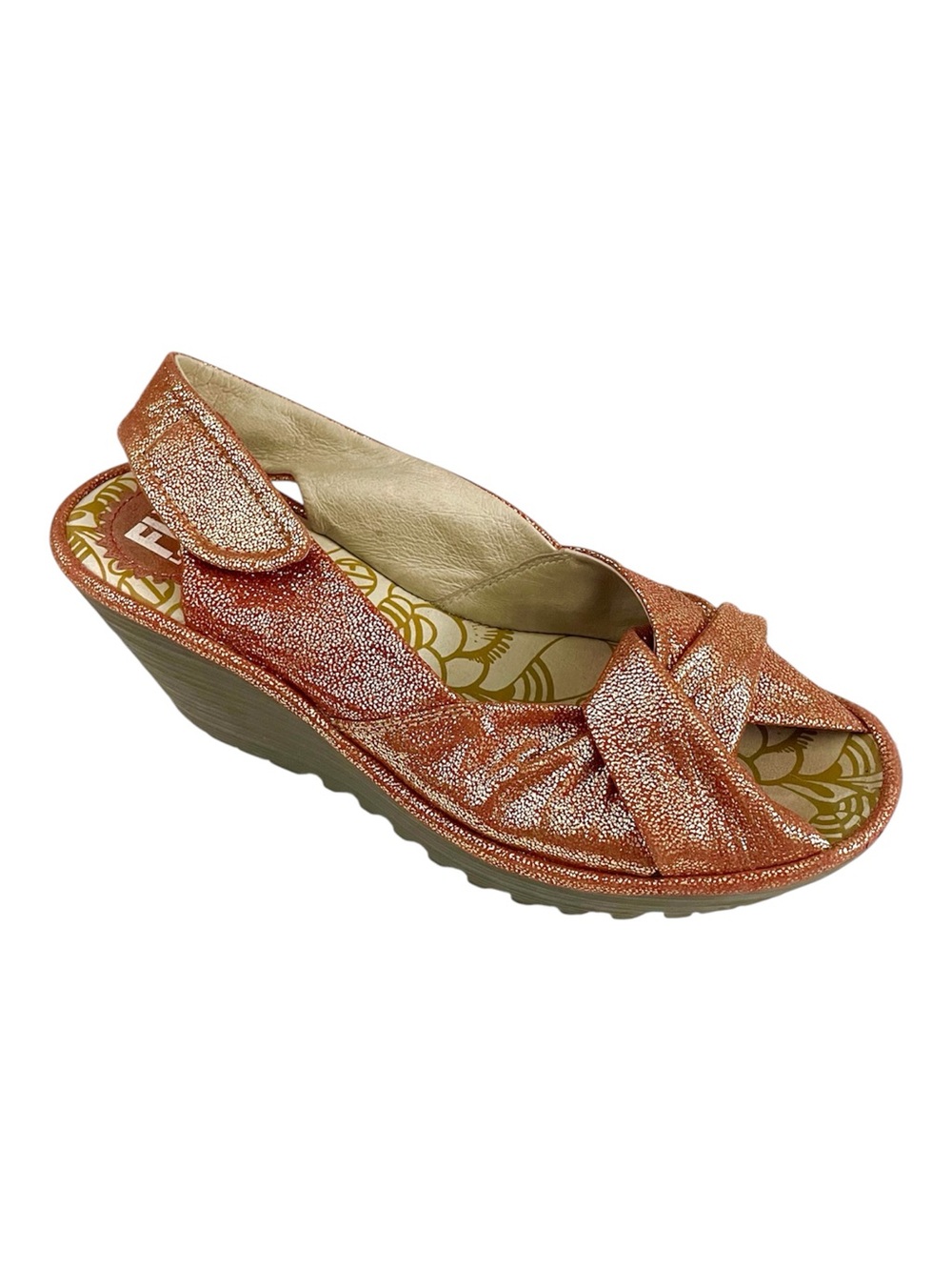 Fly London Yakin Orange Glitter Metallic Peep Toe Wedge Sandals Size 38/7.5